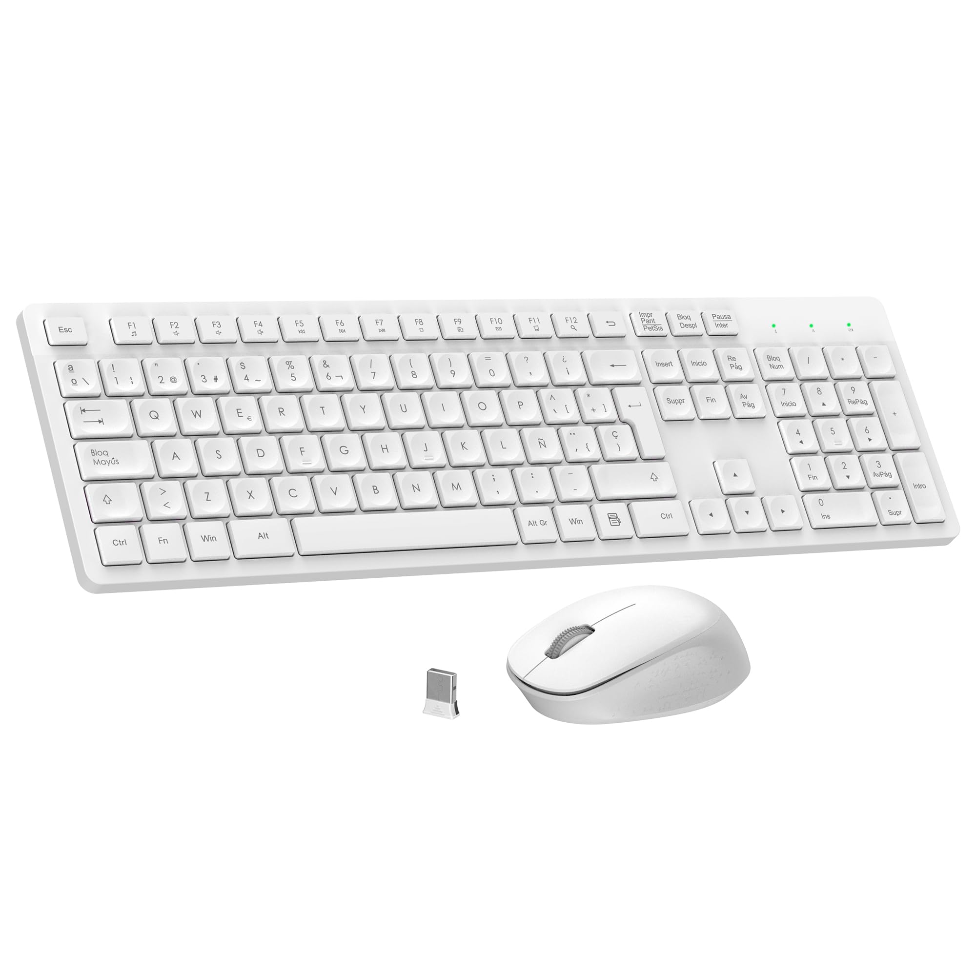 LeadsaiL Teclado y Raton Inalámbrico, Teclado y Raton Inalambrico Ergonómico, Español QWERTY, Tamaño Completo con Teclado Numérico, Receptor USB 2.4 GHz for Mac, PC, Ordenador Portátil-Blanco Global Recycled Standard Global Recycled Standard Global Recycled Standard