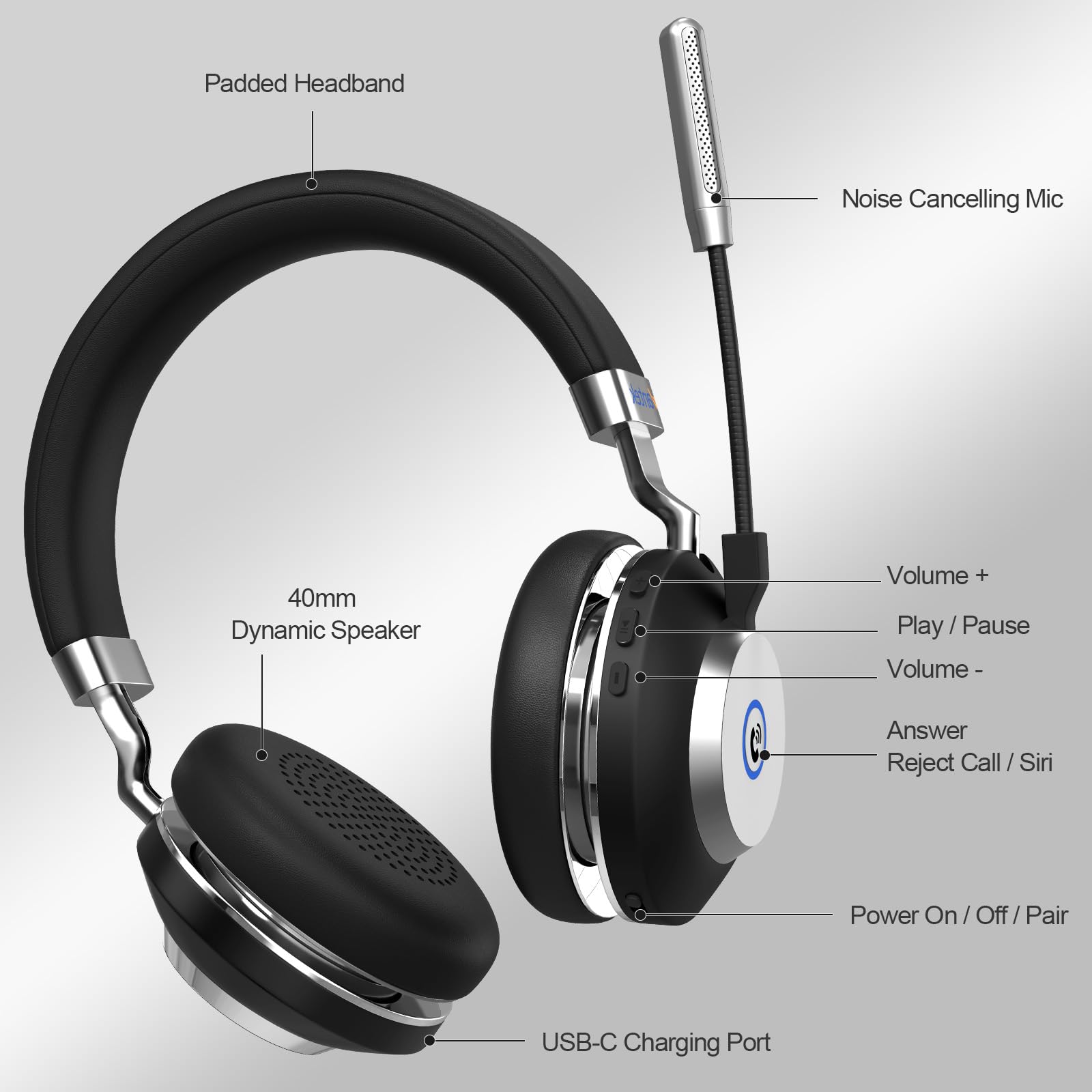 Wantek Wireless Headset with Microphone for Work, Bluetooth 5.3 Headset with USB Dongle, Noise Cancelling Mic, Wireless Office Headphone with Mute Button for PC Laptop Teams Zoom Call Center