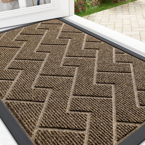 Image of OLANLY Front Door Mat Indoor Outdoor Entrance, Waterproof All-Season, All-Weather Doormat, Sturdy Natural Rubber, Low Profile, Easy Clean Patio Porch Entryway Mat, Herringbone Brick (Brown, 29.5x17)