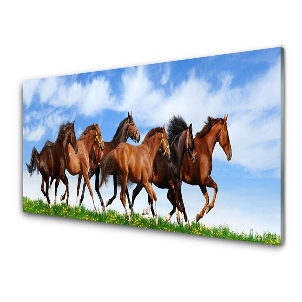 Décoration murale chevaux pour salon chic : tableau en verre trempé panoramique