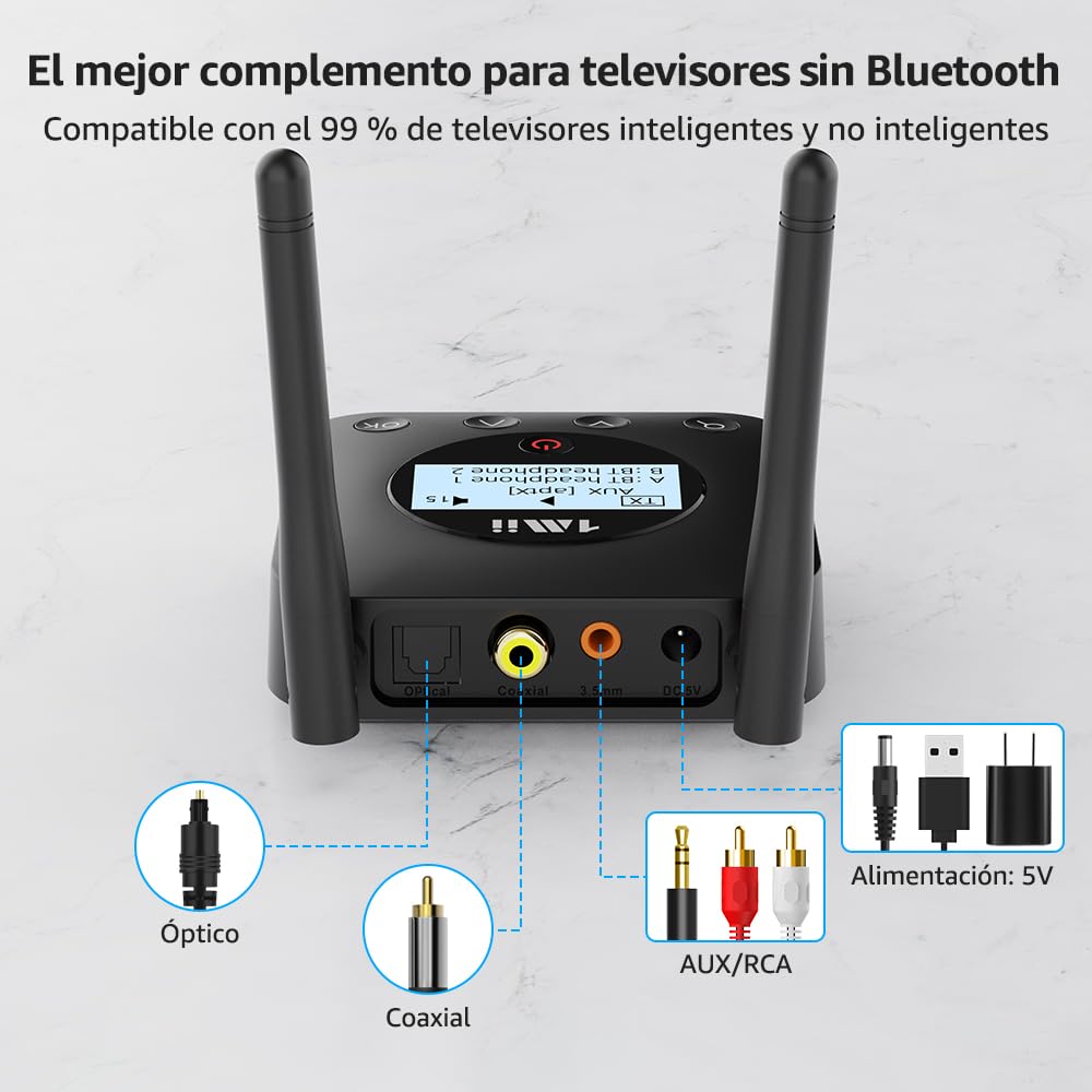 1Mii B06TX+ Transmisor Bluetooth 5.3 para TV, Adaptador Bluetooth Audio Entrada Óptica/AUX/Coaxial con Pantalla Fácil de Conectar con 2 Auriculares, Control de Volumen, aptX LL/HD, Largo Alcance