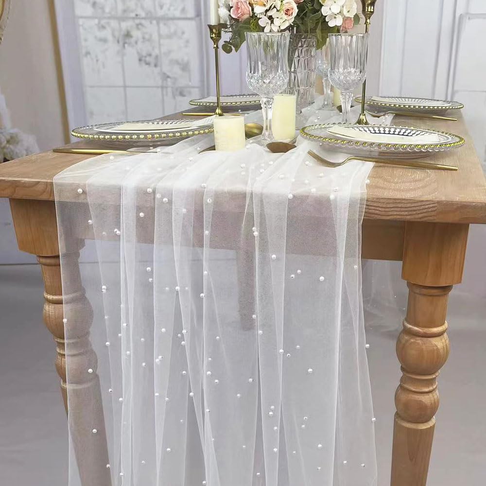 4 pezzi 3 m 152 x 305 cm bianco perla tovaglia elegante poliestere runner da tavola con accenti di perle artificiali extra lungo tulle runner da tavola per matrimoni
