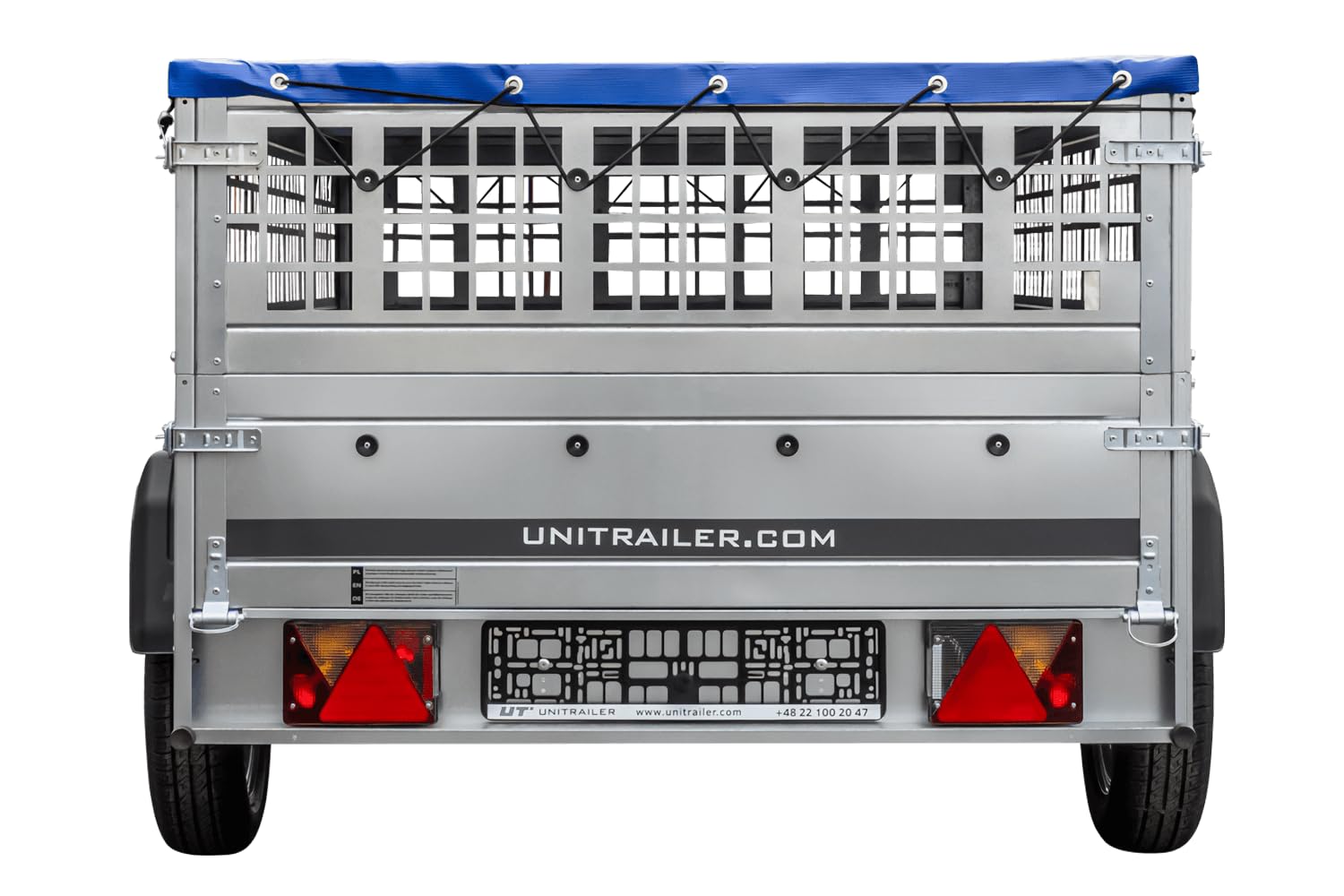 UNITRAILER Pkw Transport Anhänger 230x125 Garden Trailer 230 Kipp mit Laubgitteraufsatz, Blauer Flachplane, Planenträgern und Stützrad