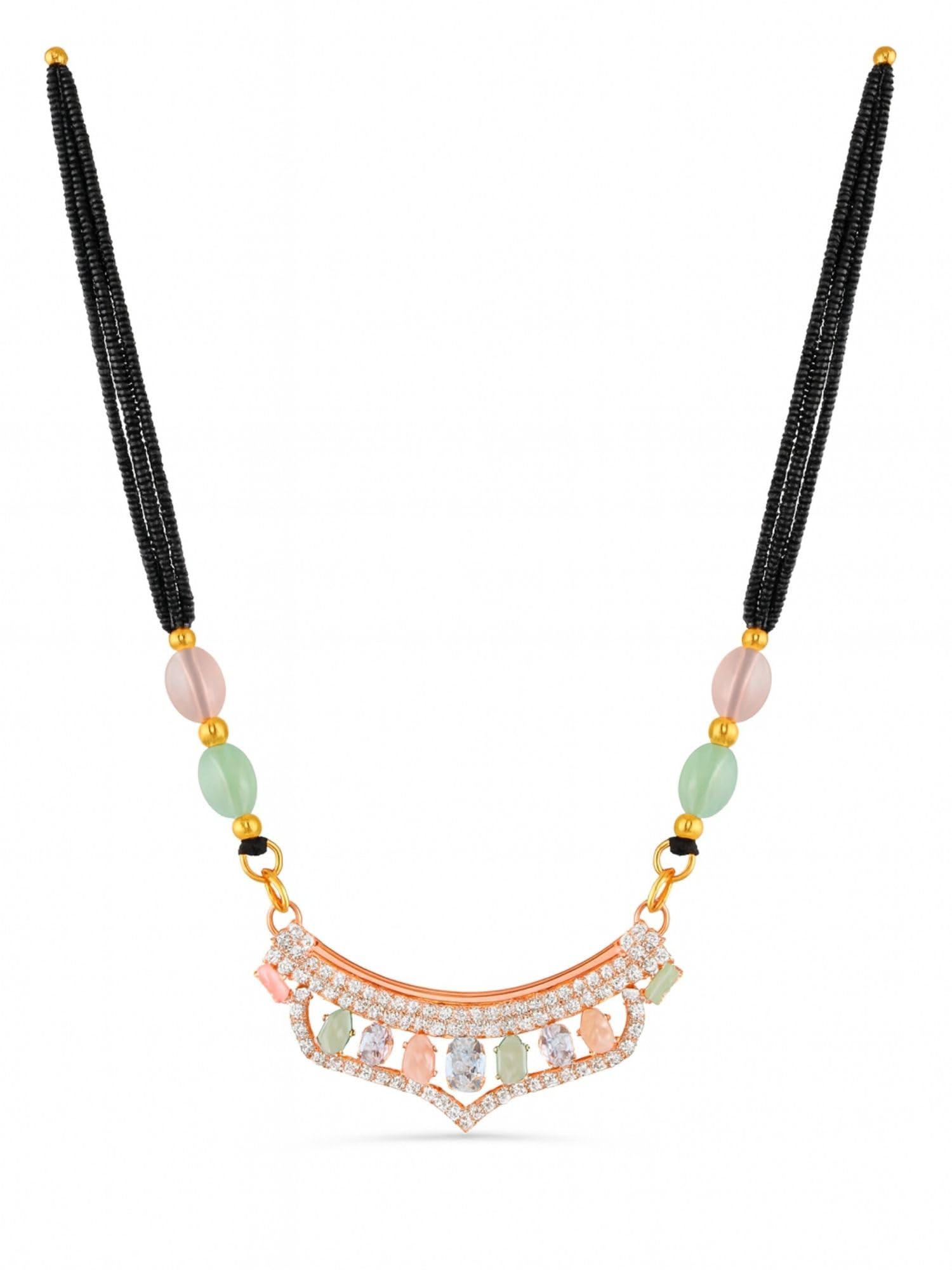 Gold Plated Long Mangalsutra Design American Diamond Modern Pendant 4 line Black/Multi Beads Chain Stylish Necklace Fancy Tanmaniya Design For Women (37 Inches)-image-5