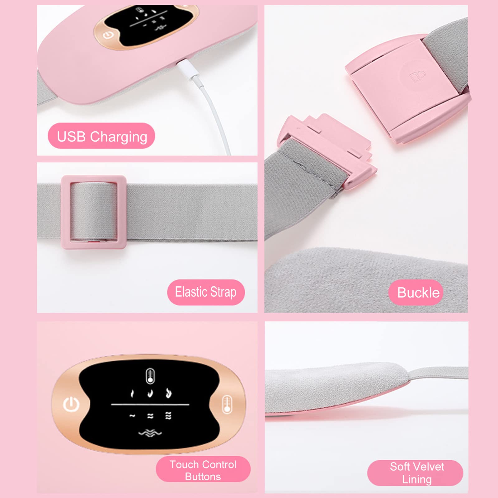 Ceinture Chauffante Regle Douloureuse, Layhou Ceinture Chauffante avec 3 Niveaux de Chaleur et 3 Modes de Massage, Rechargeable par USB, Soulager les Douleurs Menstruelles, Couleurs Bonbons
