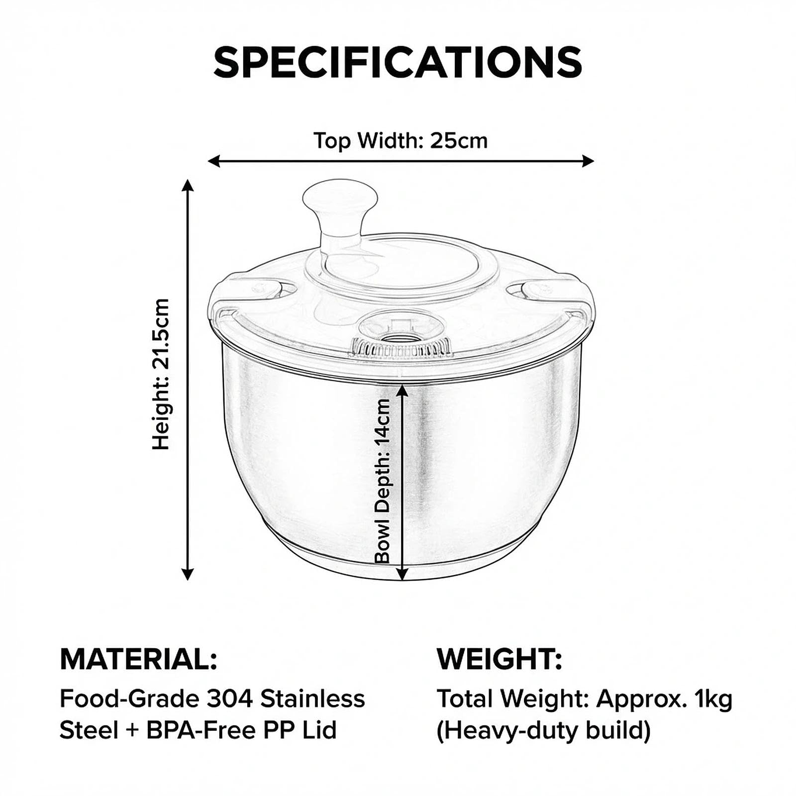 Centrifuga per insalata grande da 6 litri con cestello interno in acciaio inossidabile e ciotola, centrifuga professionale per la preparazione dei pasti in famiglia, rondella per frutta e riso in
