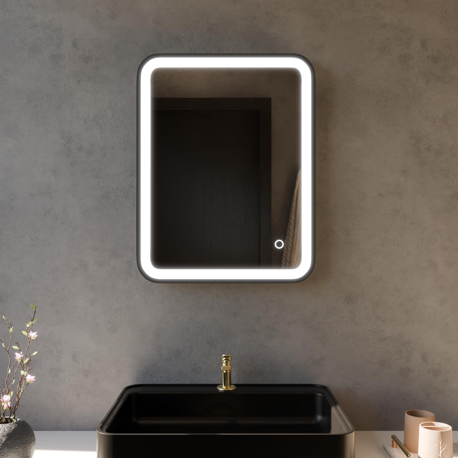 Harper & Harlow Vela Illuminated LED Bathroom Vanity Mirror, 390x500mm, Matt Black Frame, IP44, Adjustable Light Colour, Memory Function, Touch Control, Dimmable, Demister, Landscape or Portrait