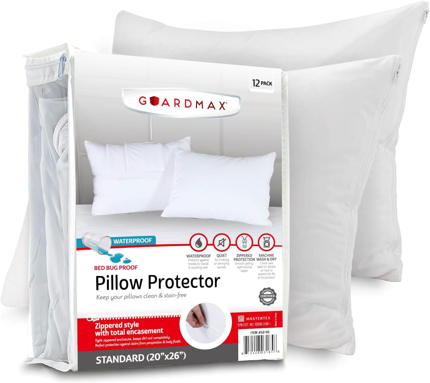 Guardmax Jersey Knitted Pillow Protector with Zipper Standard Size -12 Pack -100% Waterproof, Bed Bug Proof, Dust Mite Proof, & Hypoallergenic Pillow Covers - Premium Zippered Pillow Cases. (20 X 26)