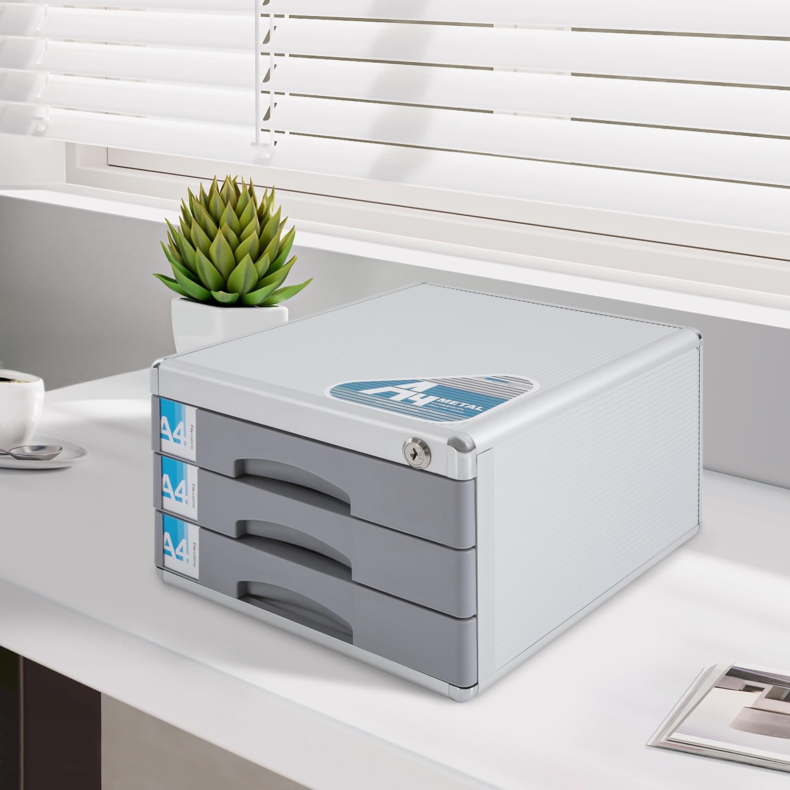 BENTFL File Cabinet with Keyed Lock, 3 Drawers Desktop Drawer Organizer, Safety File Storage Cabinet, Office Aluminum Desktop Filing Organizer for Home Office School, Silver, Grey