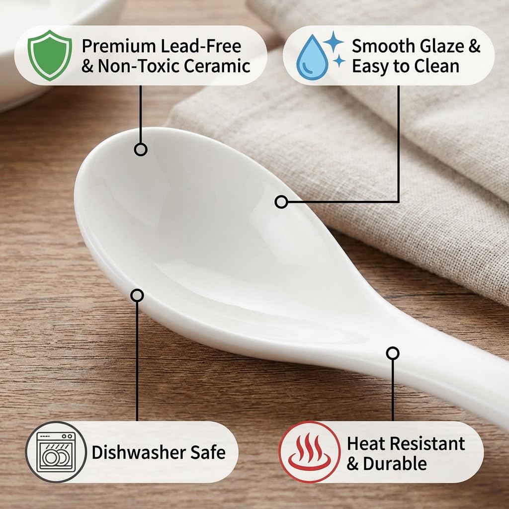13,8 cm weißer Suppenlöffel, Kaffeelöffel, Rührlöffel mit asiatischen Keramiklöffeln aus Keramik, für Kaffee, Joghurt, Soße, Zucker, Salz und Desserts, Demitasse, Espressolöffel, Set mit 4