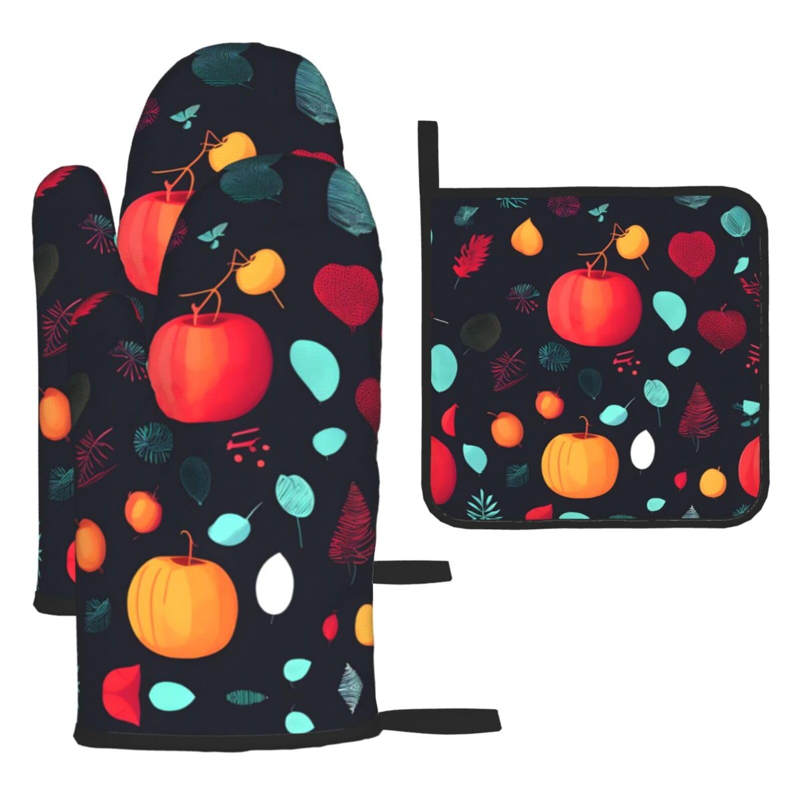 Pumpkin Flowers Oven mittens and oven mitts three-piece set suitable for oven, grilling, baking, microwave and home cooking.