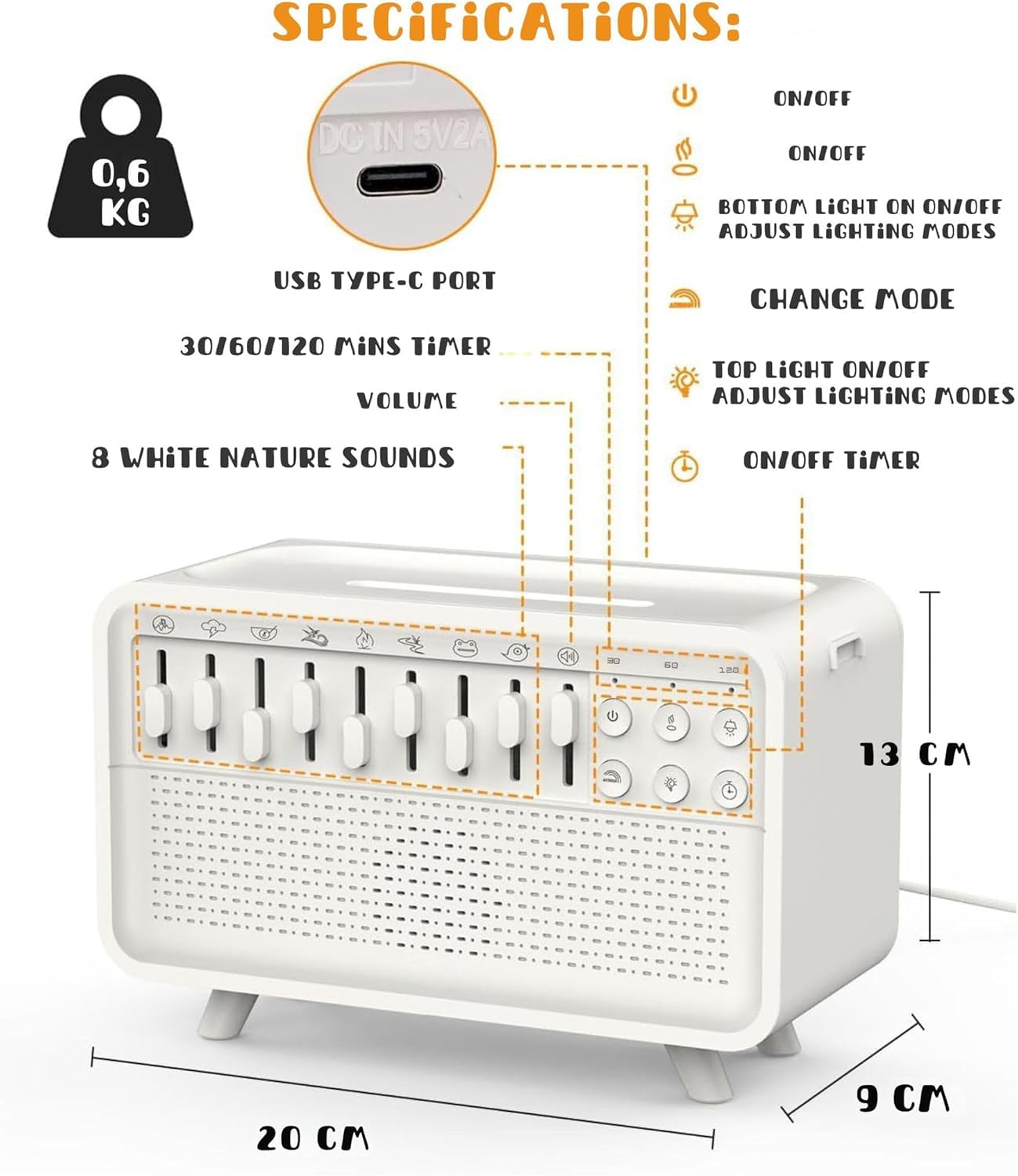 Máquina de ruido blanco con altavoz Bluetooth, luz nocturna, aromaterapia, humidificador, 8 sonidos de la naturaleza, temporizador, carga USB-C, 20 x 13 x 9 cm, ayuda para dormir para adultos y bebés