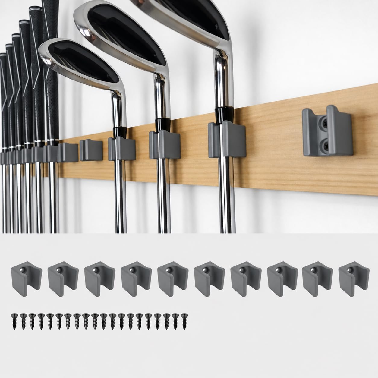 Golf Club Wall Mount Holders, 10 Pack Golf Club Organizer, Individual Golf Club Storage Clips for Garage, Custom Golf Club Display (Gray Grip up -15mm)
