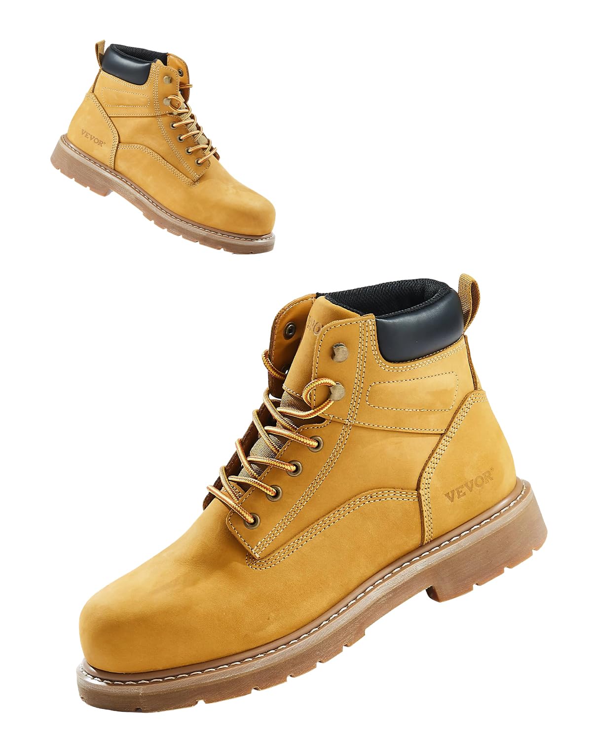 VEVOR Men's Steel Toe Work, Waterproof, Slip-Resistant, Lightweight and Breathable Rubber Sole Boots for Industry Construction, Brown Yellow