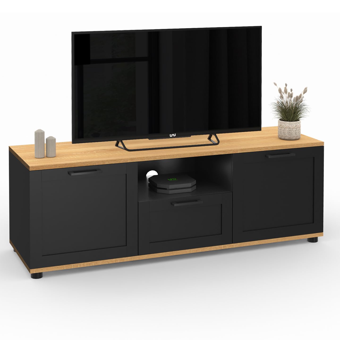 IDMarket - Mueble TV VITO con cajón y hornacina negros y tapa de madera de 110 cm