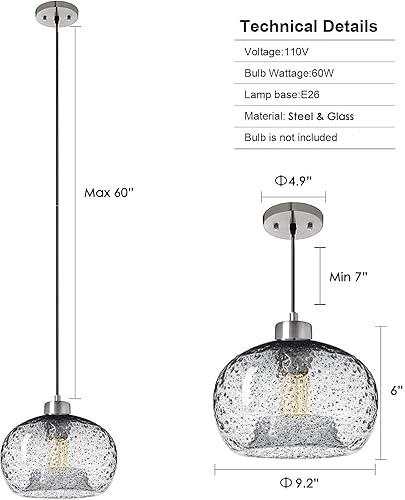 Miniatura 6 de Lámpara colgante soplada a mano, rústica, de cristal semillado, lámpara colgante con polvo de arena negra, transparente, acabado de níquel cepillado