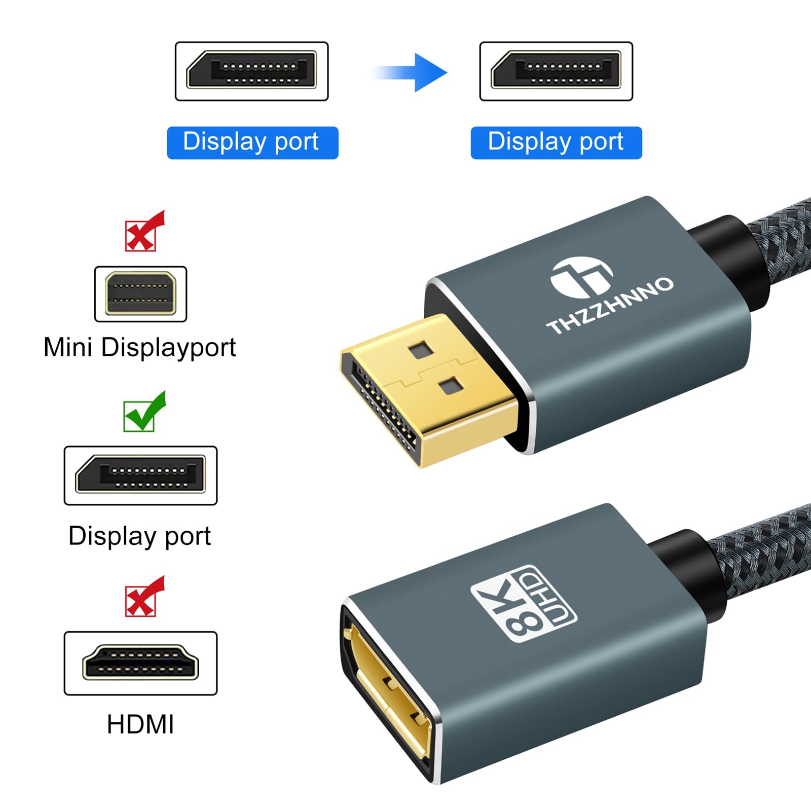 Cable Extensión 8K DisplayPort 0,5M, Cable DisplayPort 1.4 Macho a Hembra, Cable extendido DP a DP soporta 8K@60Hz, 4K@120Hz para Monitor de juegos, Gráficos, PC