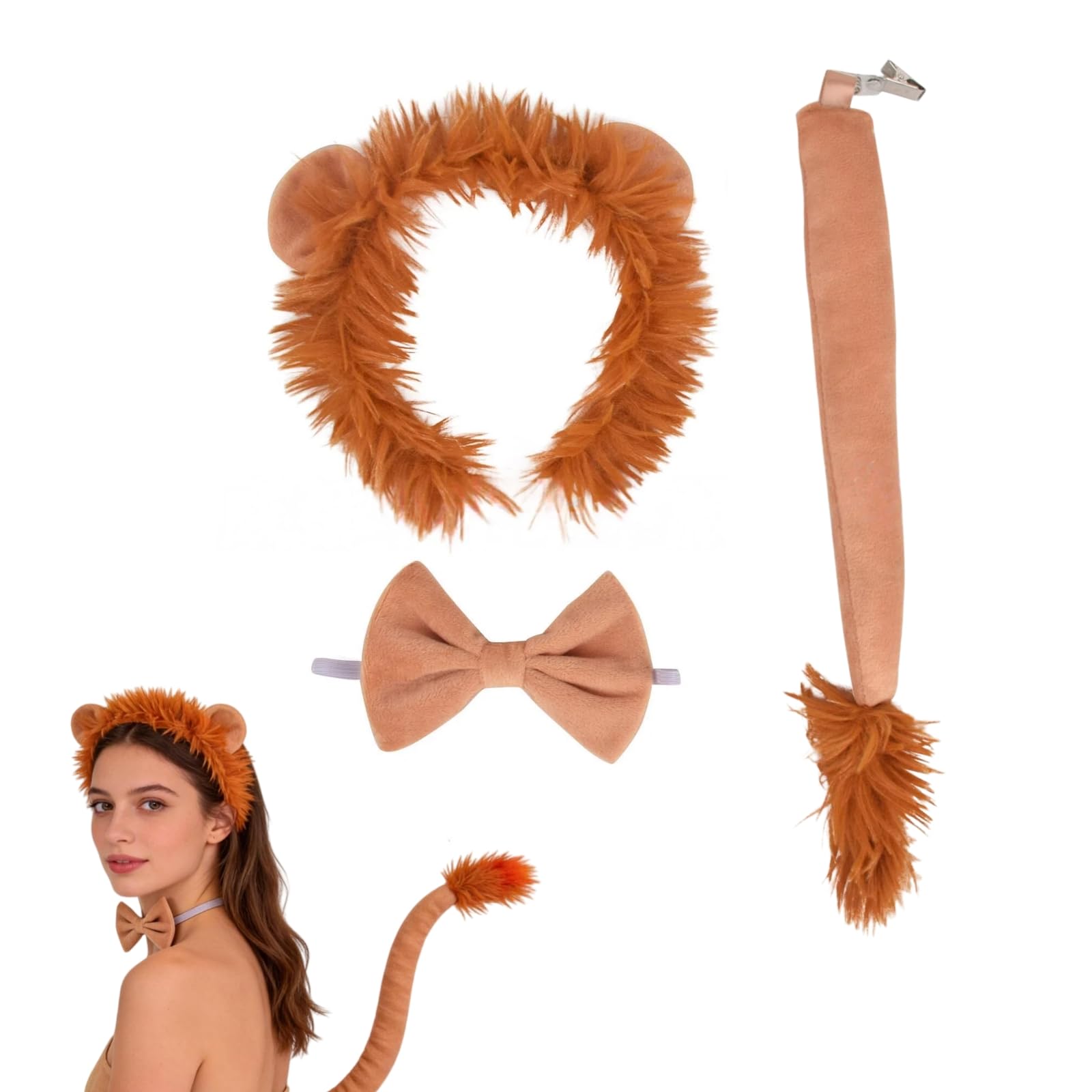 Lion Costume Set, Lion Headband with Ears, Bow Tie and Tail, Safari Animal Theme Party Accessories for Halloween, Cosplay, Festivals & Dress Up, World Book Day