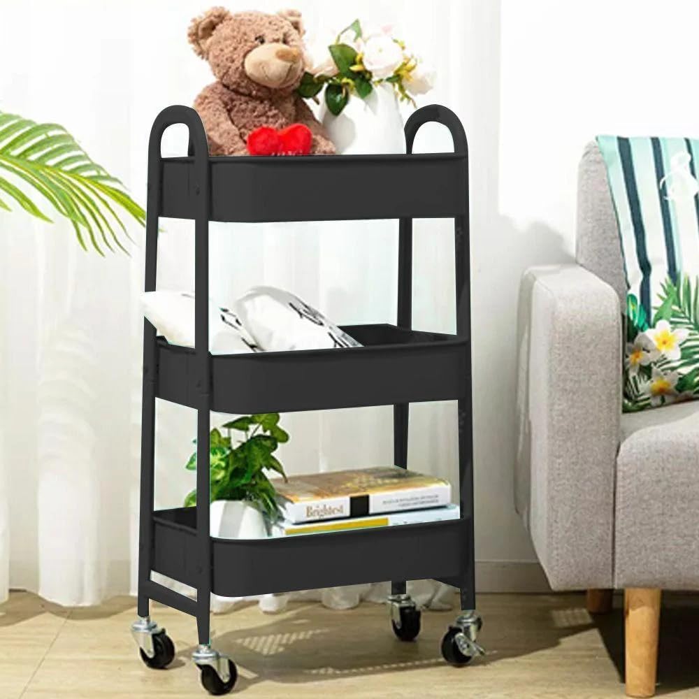 Globalmix Carrello scaffale mobile a 3 livelli, con ruote, con maniglia, 2 freni, cestini in metallo, facile da montare, camera da letto, cucina, ufficio, bagno (nero)