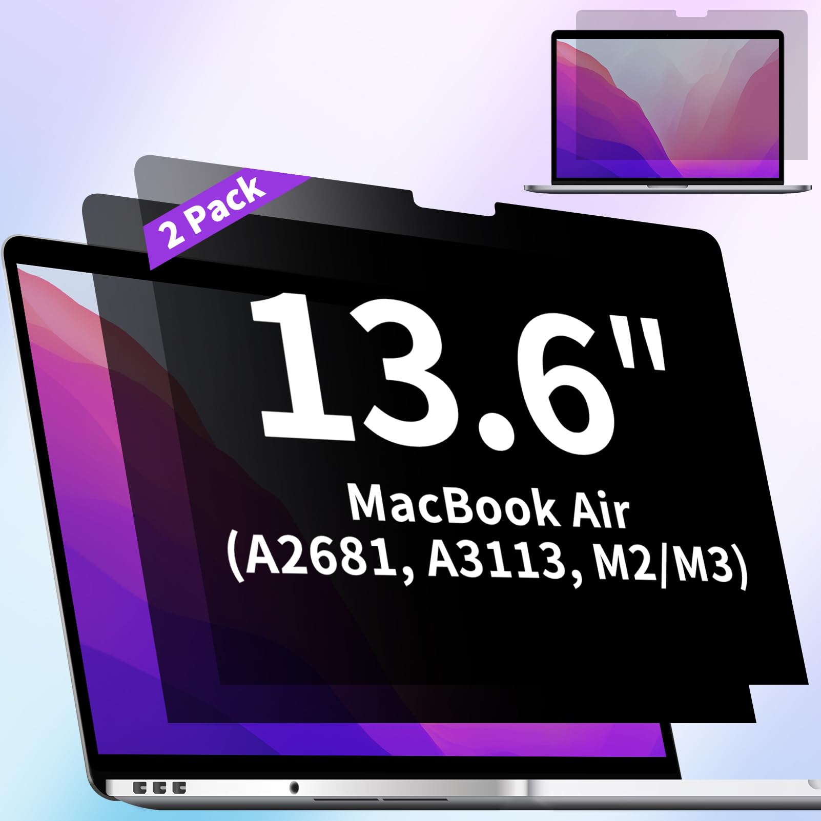 2-Pack Privacy Screen Protector for MacBook Air 13.6 Inch (2022-2025, M2, M3, M4) – Matte Laptop Privacy Screen Anti Blue Light Glare Filter for Models A2681 A3113 A3240