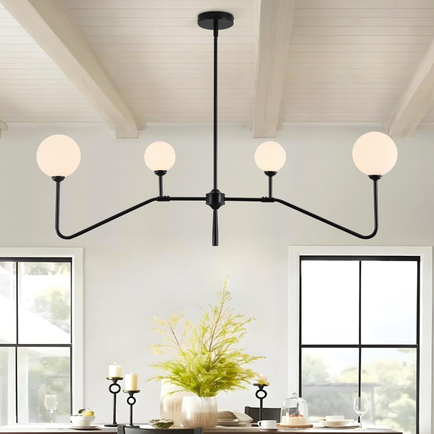 White Glass Globe Black Chandelier?Linear Kitchen Island Lighting Fixture?Modern Sputnik Chandeliers for Dining Room?Height Adjustable Black-4