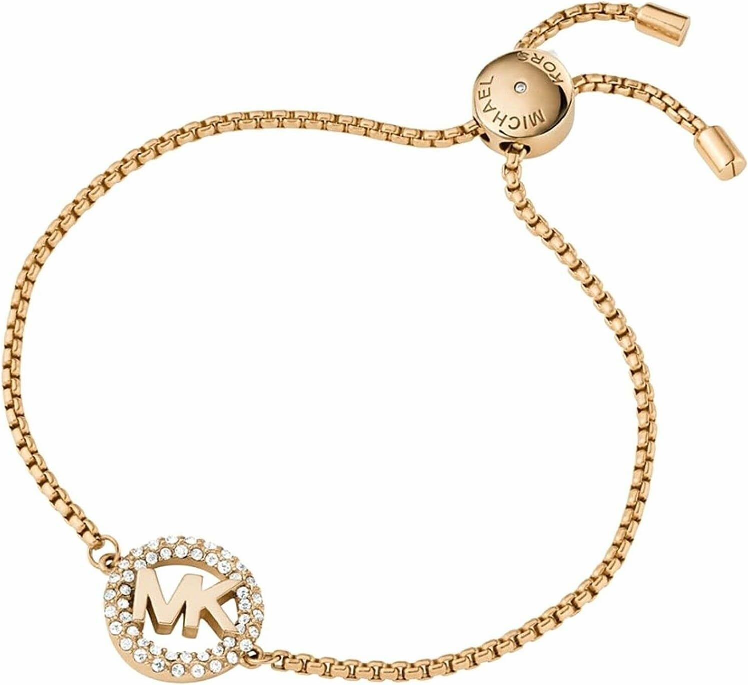 Michael Kors Brass and Pavé Crystal MK Logo Chain Bracelet for Women, Color: Gold (Model: MKJ7319710)