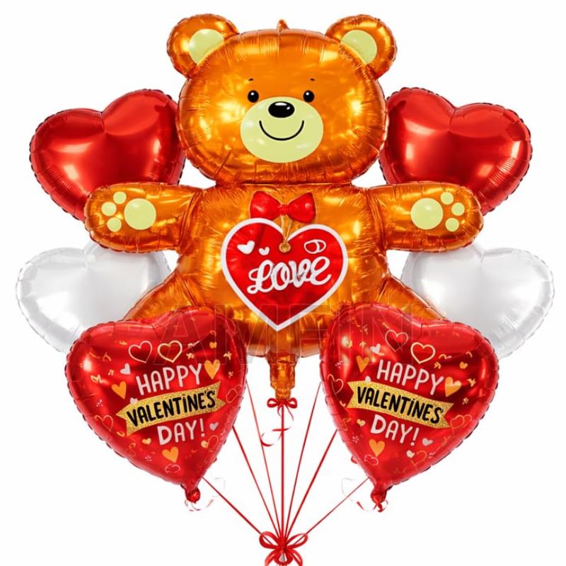 Image of AMFIN (Pack of 7) Happy Valentine's Day Foil Balloon Bouquet Teddy Heart Romantic Decoration Item - Red Gold