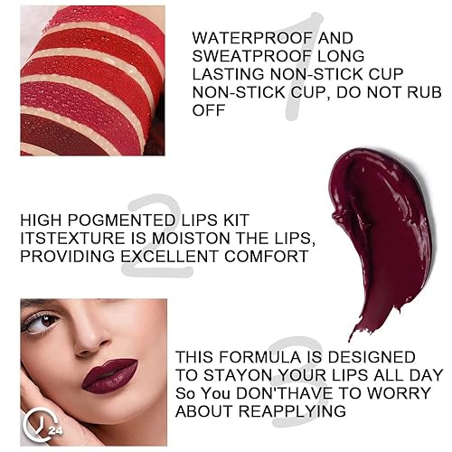 Miniatura 5 de evpct Juego de 6 pintalabios líquidos mate de larga duración, color rojo oscuro, negro, mate, 24 labiales, mate, larga duración, 24 horas, original,