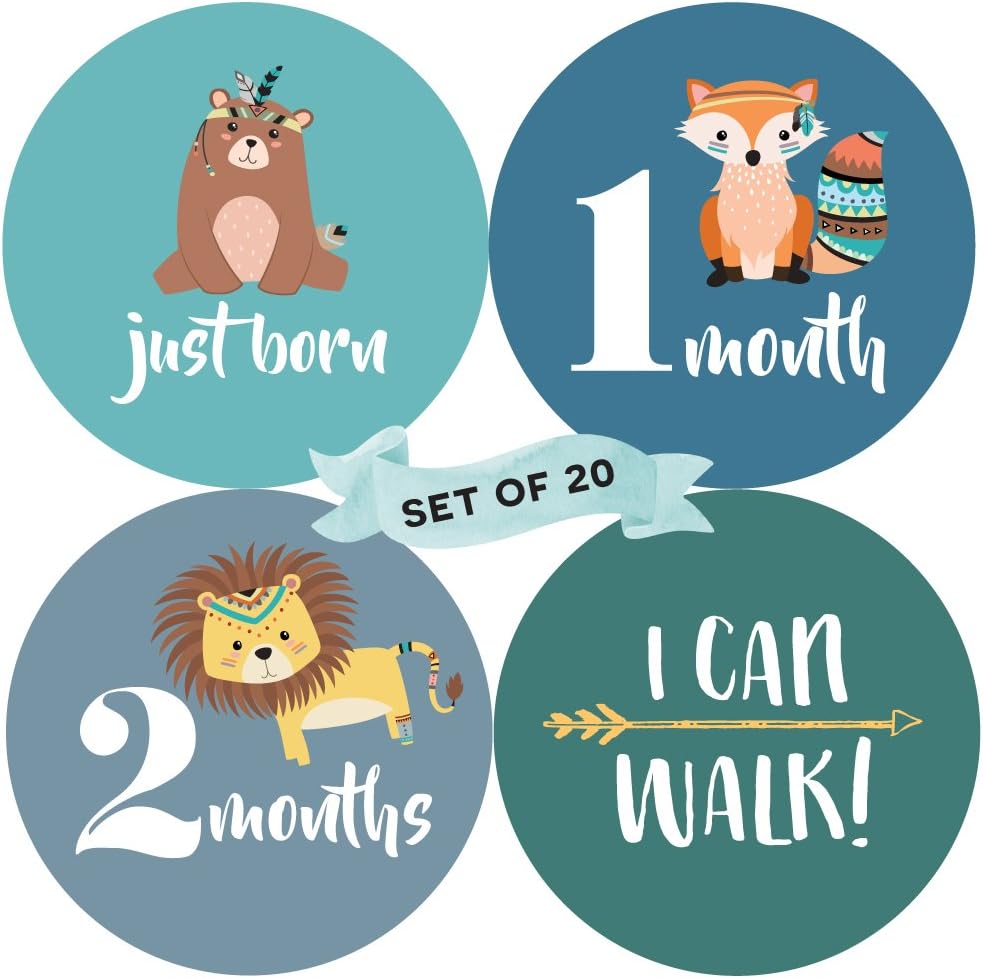 Baby Monthly Milestone Stickers (Set of 20) - Birth to 12 Months + 7 Bonus Achievement Stickers