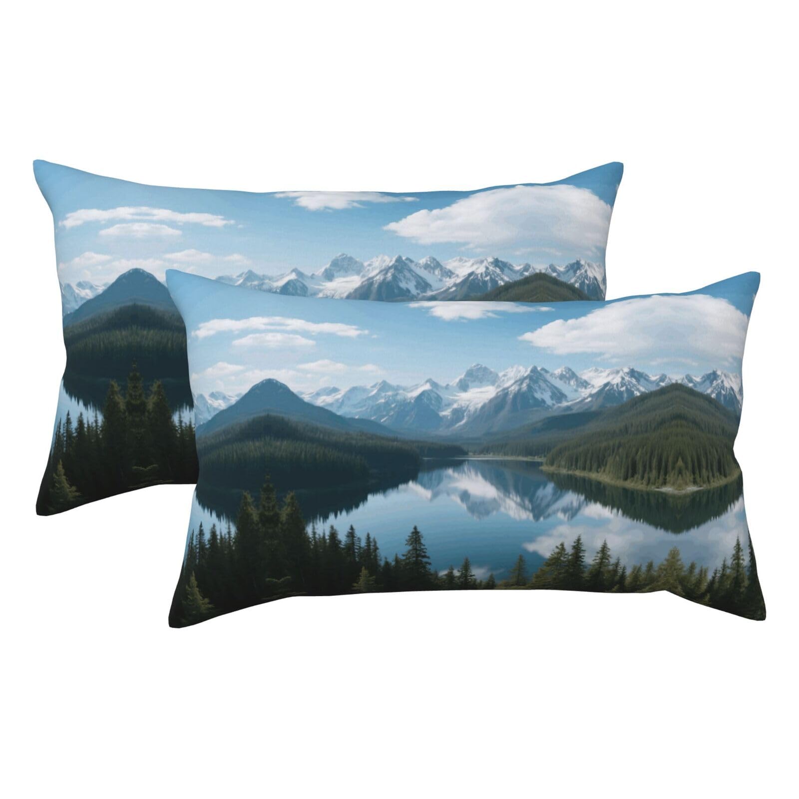 Snow-Capped Mountain, Lake and Tree Landscape Luxury King Pillowcases Set of 2, Plush Velvet Feel Pillow Covers with Hidden Zipper, Skin & Hair Friendly, 20x36 Inches Pillow Cases for Sleeping Gift