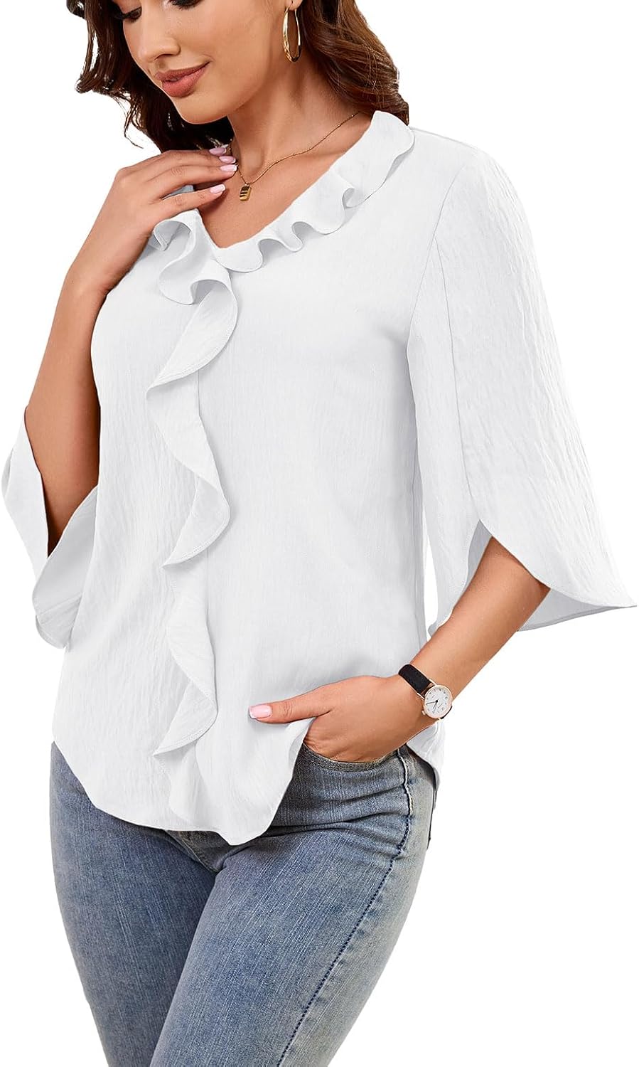 Neineiwu Womens Dressy Casual Blouse Trendy Ruffle V Neck 3/4 Sleeve Business Work Shirt Summer 2026 Office Tunic Tops - Image 2