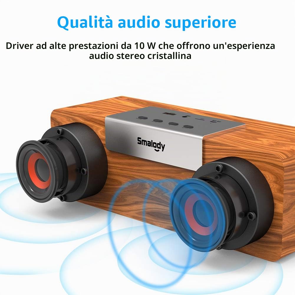 Smalody Altoparlante Bluetooth Portatile in Legno, Altoparlanti Wireless Bluetooth 5.0 Con Audio HD Da 10 W, USB Integrato, Slot Per Schede TF Eingresso AUX, Altoparlante Per Telefono, Tablet, PC