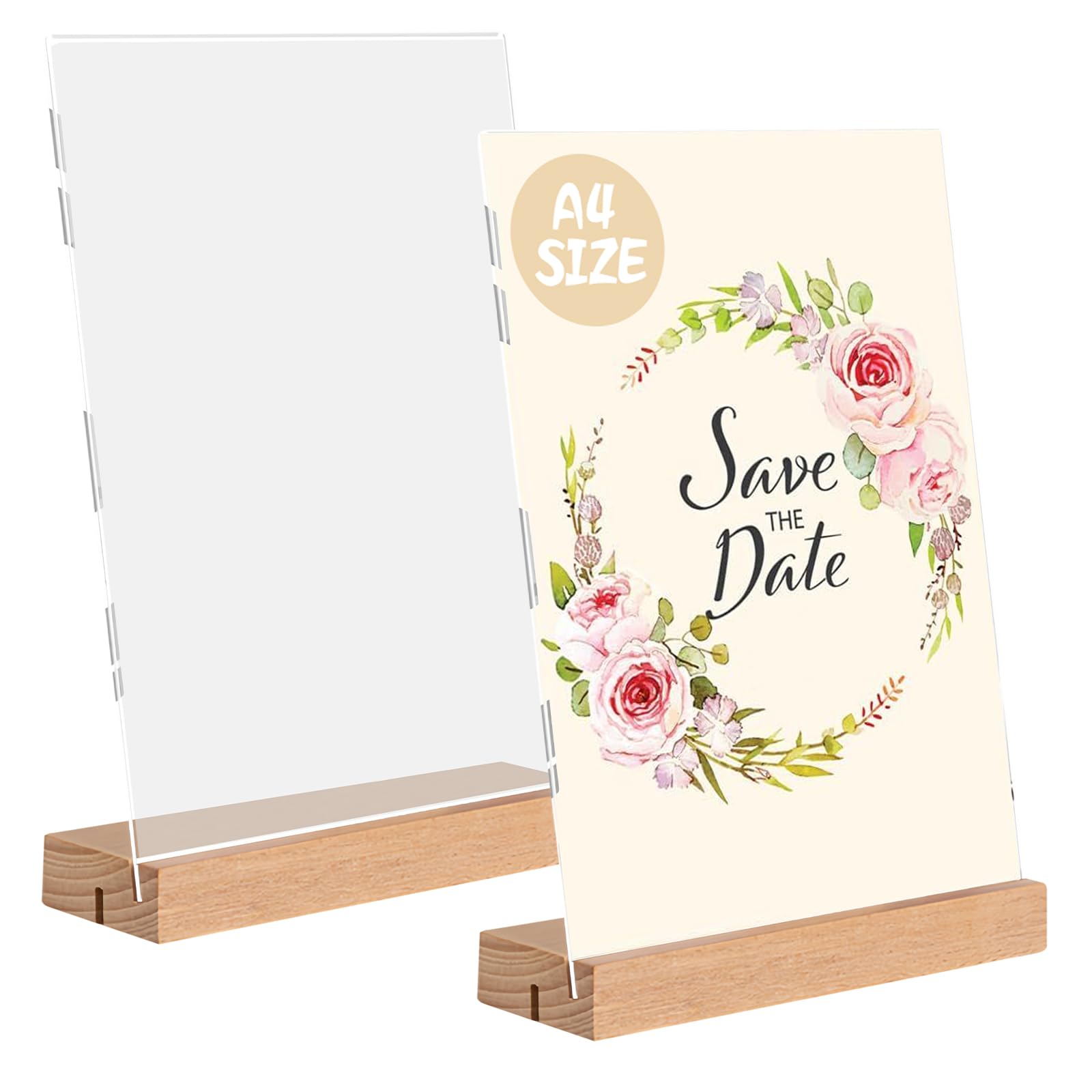 Lot de 2 présentoirs de table A4 : présentoir en acrylique A4 avec pied en bois, support de panneau double face L/T pour présentoir publicitaire, restaurant, comptoir, cafés