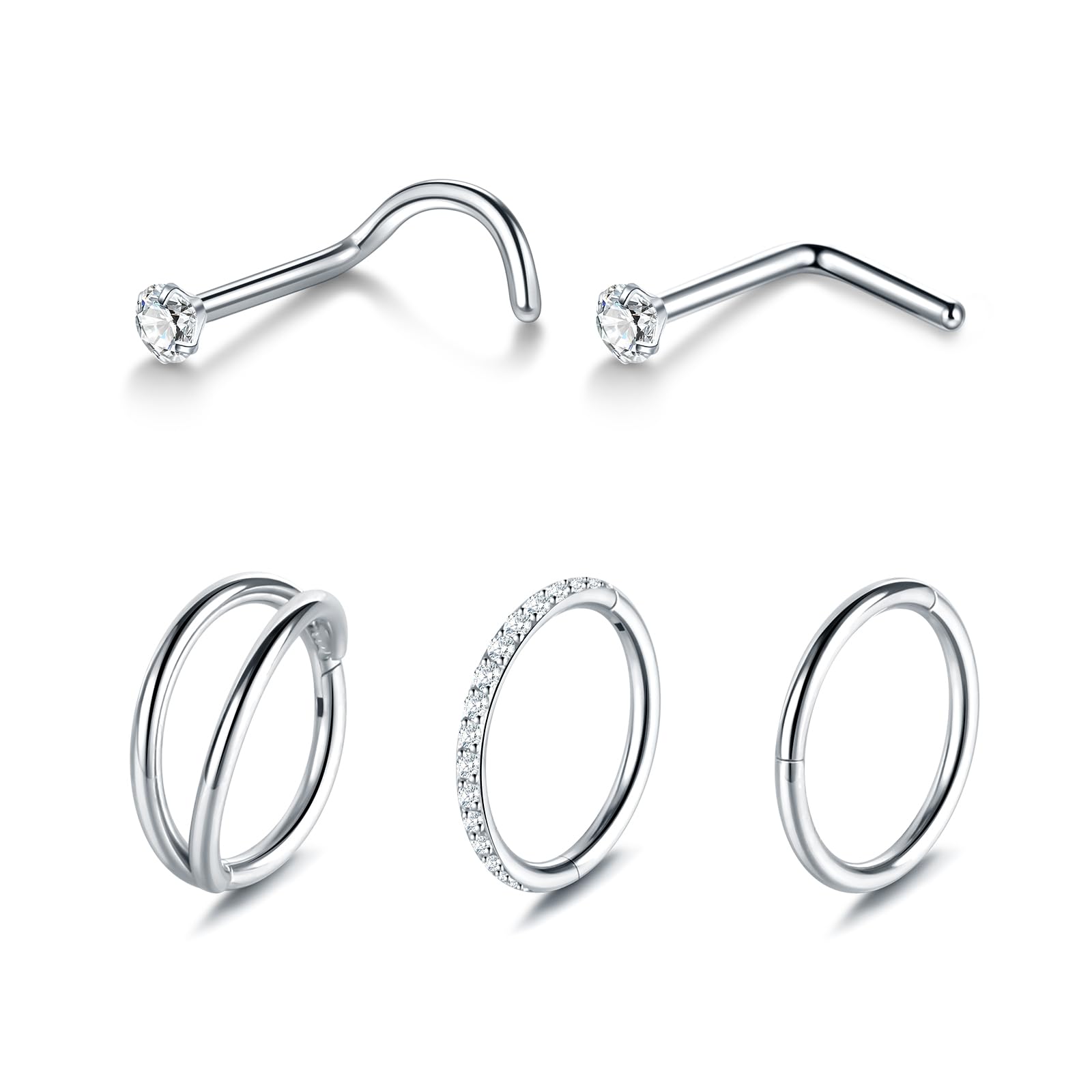 Xpircn 5pcs Hoop Nose Rings and L Shaped Nose Rings Stud Set 18G/20G Stainless Steel CZ Helix Conch Daith Tragus Cartilage Hoop Earrings for Women 6mm
