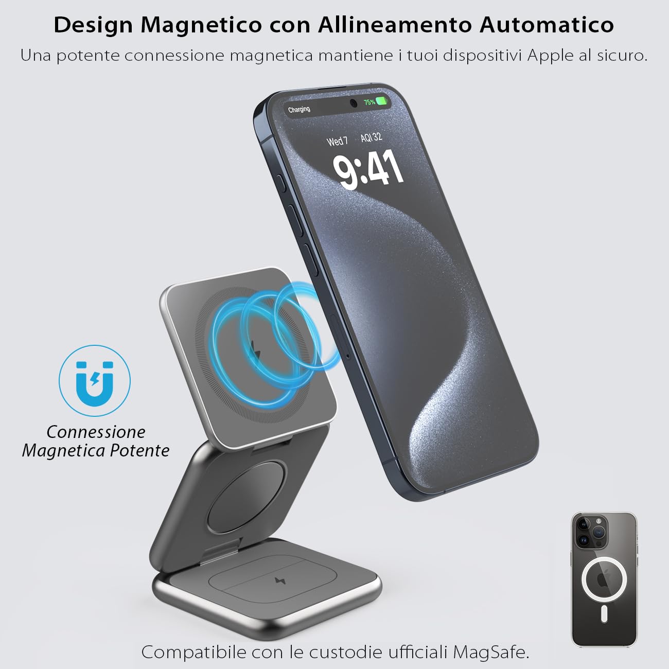 KU XIU X40 Caricatore Wireless Magnetico, Stazione di Ricarica Pieghevole 3-in-1 per iPhone 16/15/14/13/12, 5W per Apple Watch 10/9/Ultra/SE/8/7/6/5/4 - Grigio