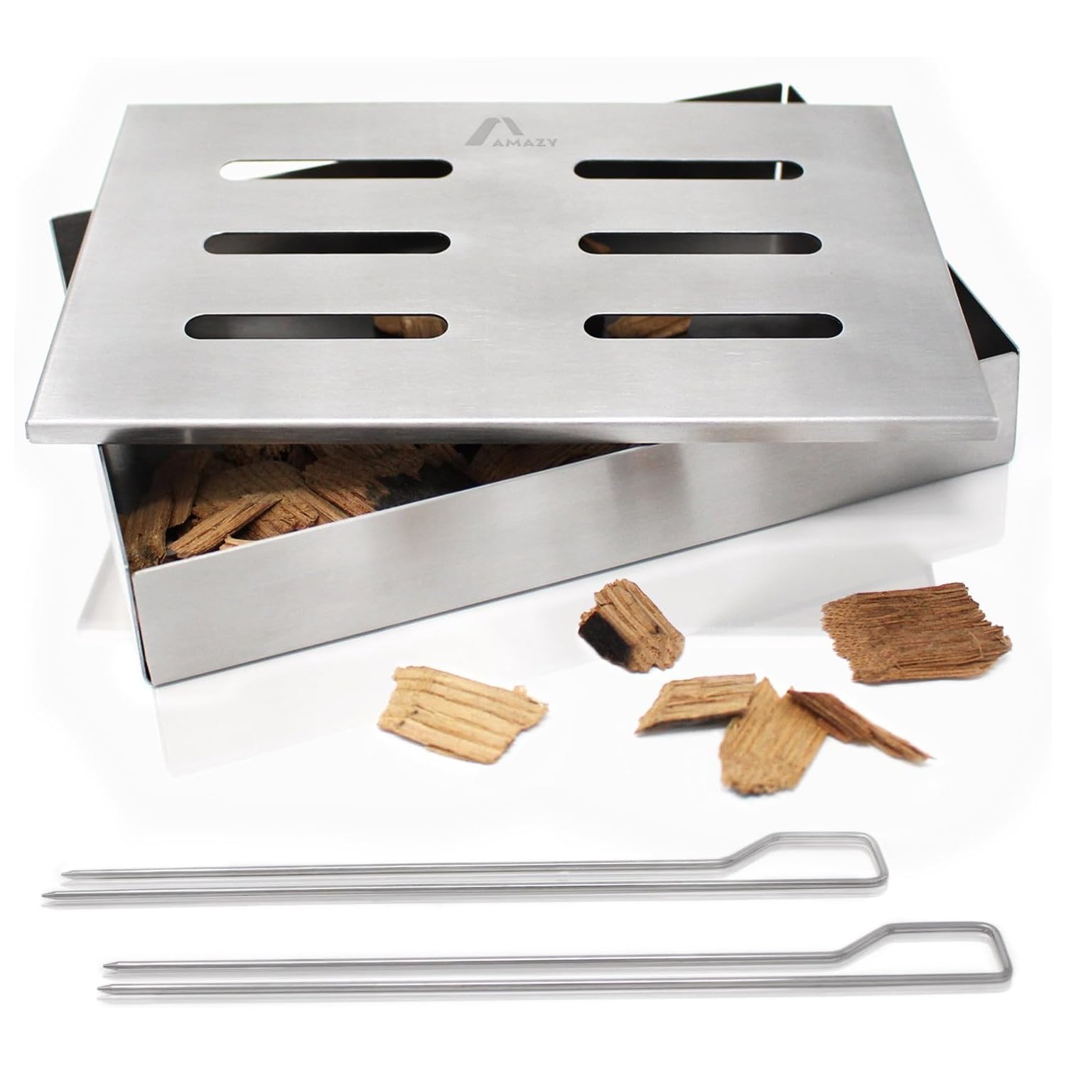 AMAZY Affumicatore Box in Acciaio Inox con 2 spiedini per Grill e 2 Tipi di Chips Diverse - Affumicatore Barbecue Offre al Pesce o alla Bistecca Il Tradizionale Sapore del Barbecue Americano
