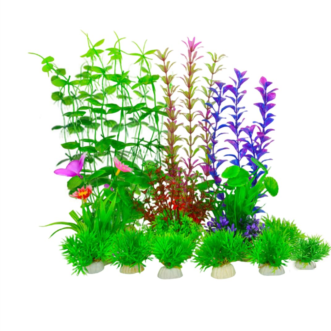 Naisfei 12 plantas artificiales para decoración de acuario, plantas de plástico para acuario, plantas de plástico verde, decoración de acuario, color mixto, plantas artificiales