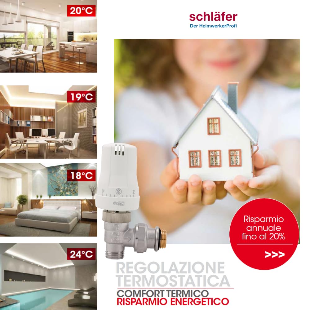 Schläfer 37021712 | Kit Termostatico ad angolo 1/2 completo con valvola termostatizzabile, testa di comando impostazione 0-28 C e detentore per termosiofone, Termoarredi, Scaldasalviette