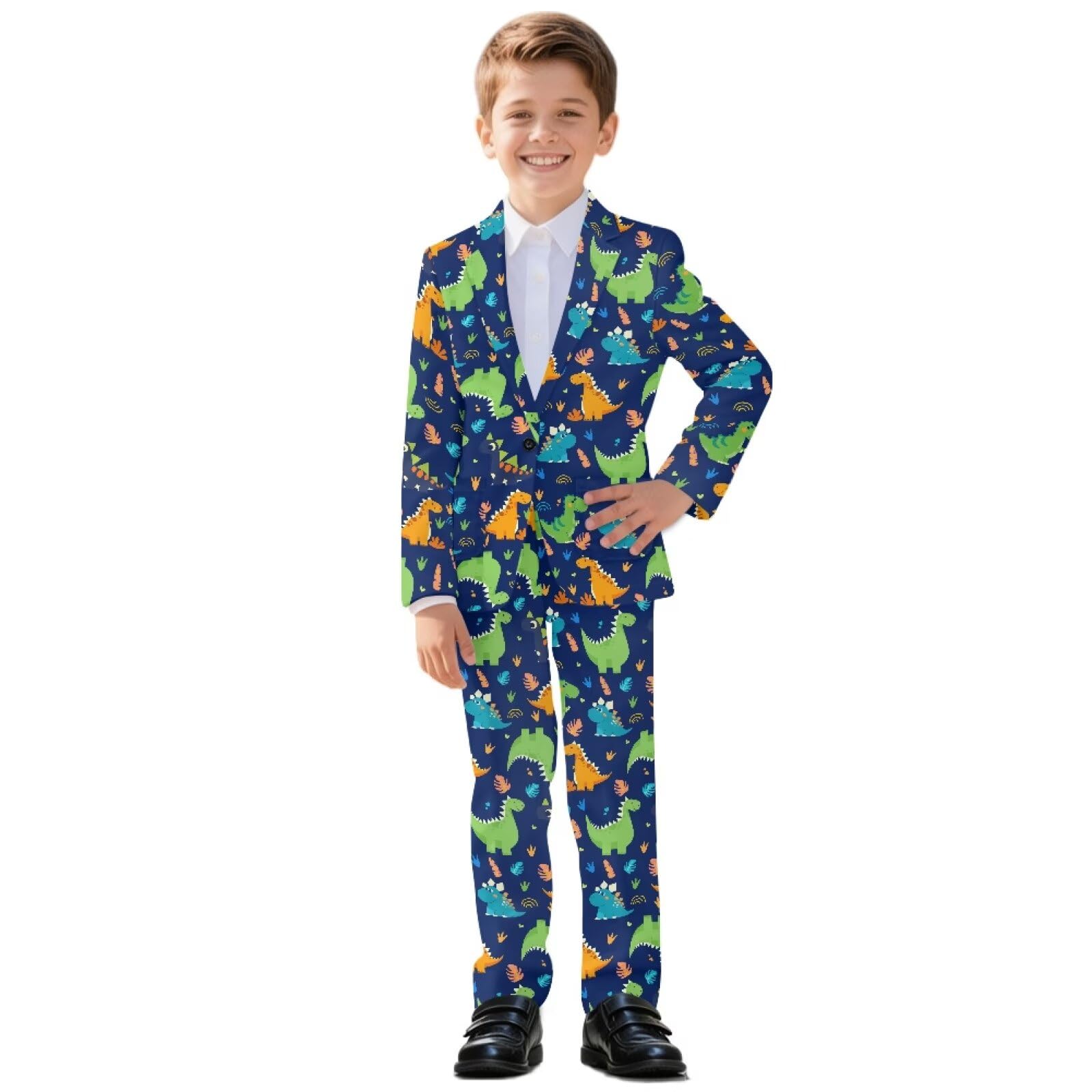 Biyejit 2-teiliges Jungenanzug-Set mit einem Knopf, Blazer und Hose, formelle Smokingjacke für Hochzeit, Party, Outfit, 5–14 Jahre, Dinosaurier, 7-8 Jahre