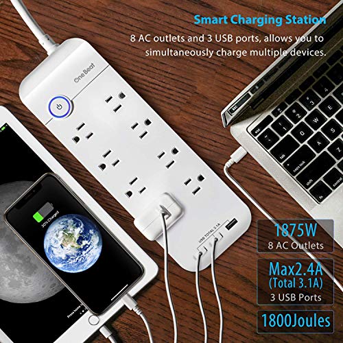 image for One Beat Surge Protector Power Strip - 8 Widely Outlets 3 USB Ports (1