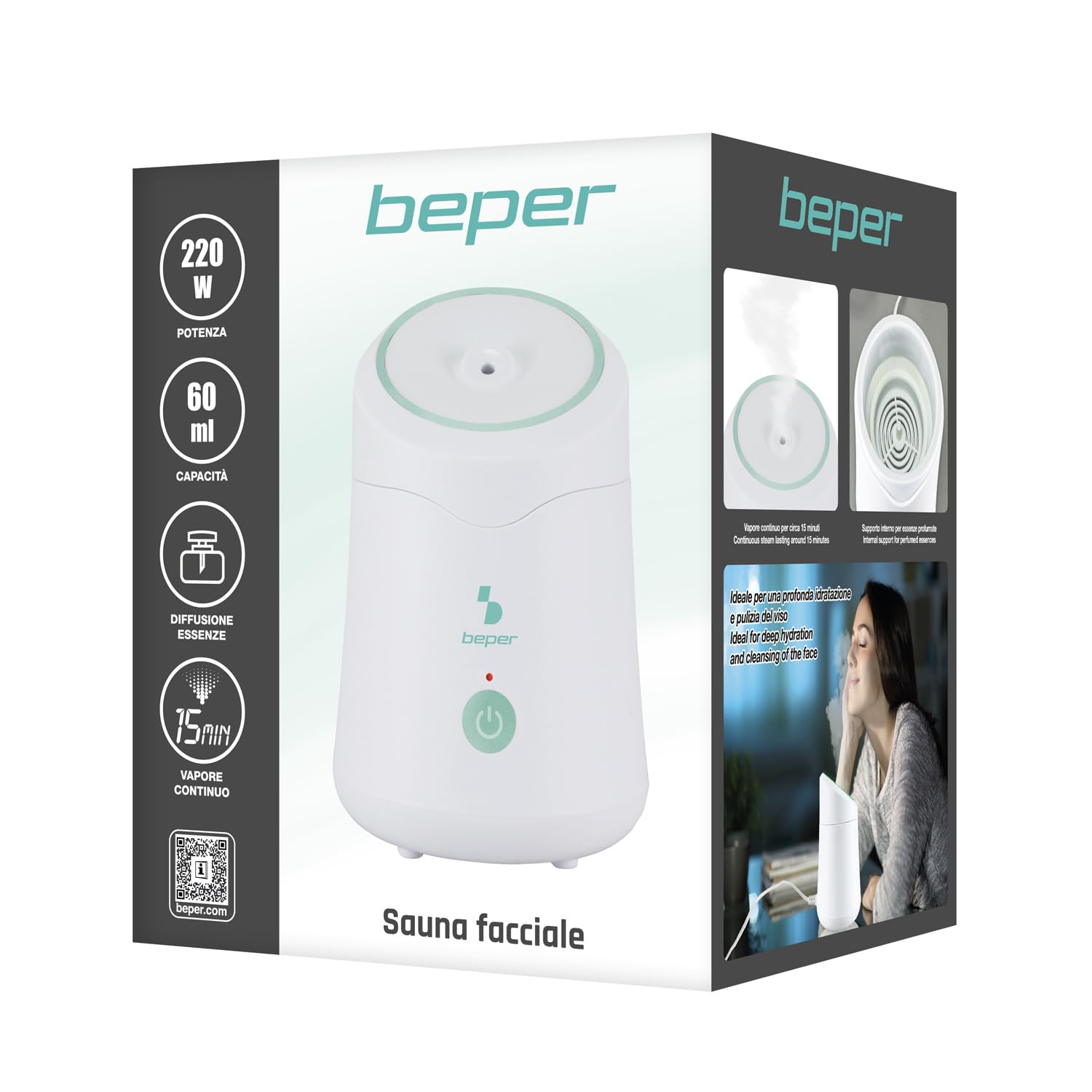 BEPER P302VIS010 Sauna Facciale a Vapore Hidra, Pulizia Viso Profonda e Idratazione, Vaporizzatore viso con Serbatoio 60ml, Supporto per Essenze, con Misurino Incluso
