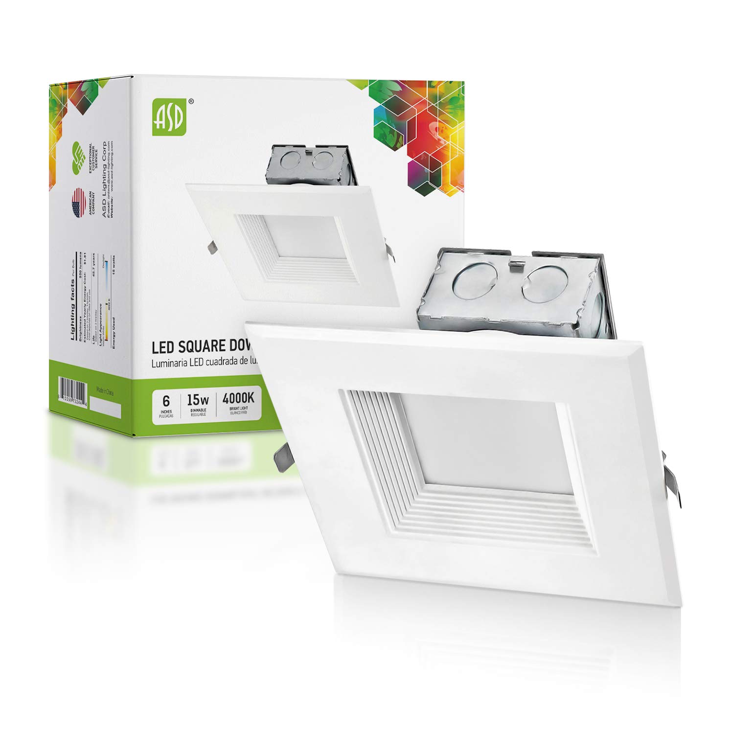 ASD 6 Inch LED Recessed Light, Square Dimmable LED Downlight with Integrated Junction Box, 15W (60W Replace), 950 Lm, IC Rated, Wet Locations, 4000K (Bright White), Energy Star, ETL