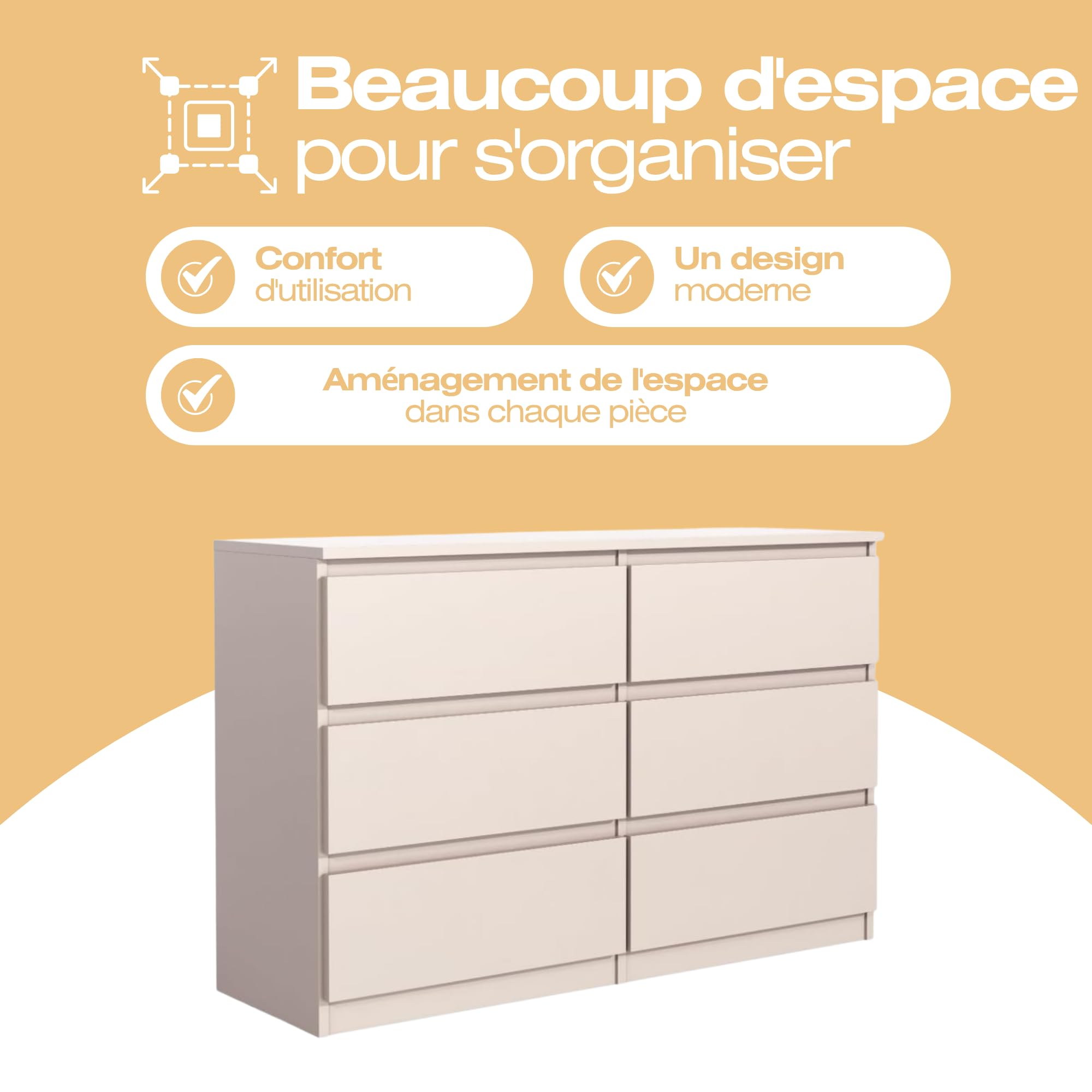 Commode 6 Tiroirs Kaschmir 120 cm - Design Minimaliste - 120 x 39 x 78,5 cm - Meuble de Rangement Spacieux pour Chambre, Salon ou Bureau
