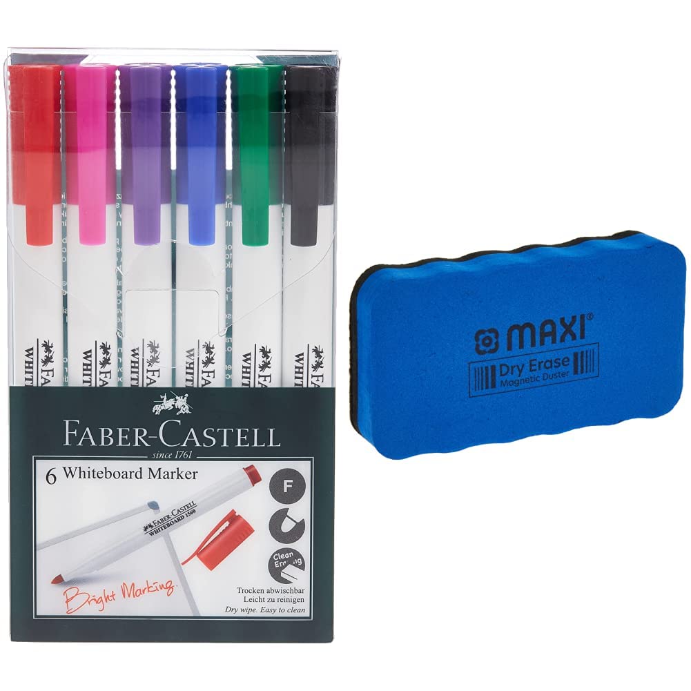 Faber-Castell Whiteboard Marker Slim Wallet Of 6Pc & Maxi Medium Magnetic White Board Eraser, Wbe31