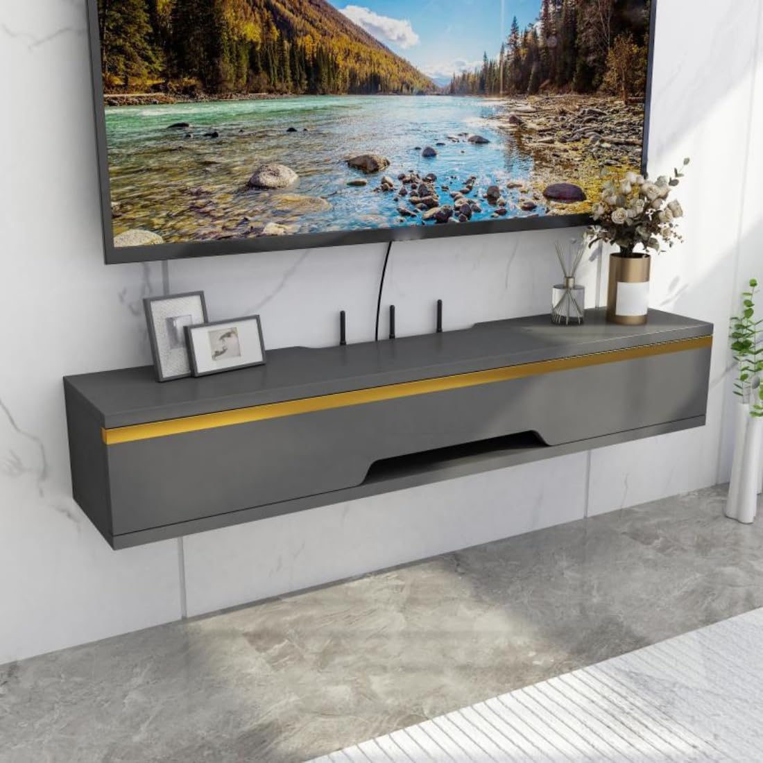 LITFAD Wood TV Console Minimalist Floating TV Stand with 1-Cabinet Wall Mounted Floating Entertainment Center TV Cabinet for Home Living Room Hotel, Grey 43" L x 8" W x 7" H