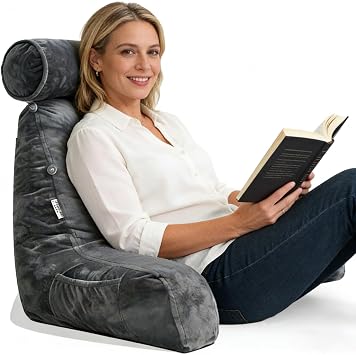 Reading Pillow for Adults SittingUp in Bed, Backrest with Arms | Detachable NeckCushion; Shredded MemoryFoam; Side Pockets; Washable Velvet Cover; Gaming & TV, Sofa Use