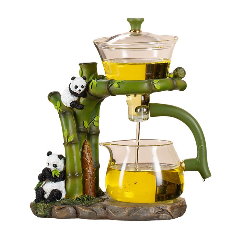 RORA Lazy Kungfu Service à thé en verre semi-automatique rotatif avec infuseur et théière en verre (panda vert)