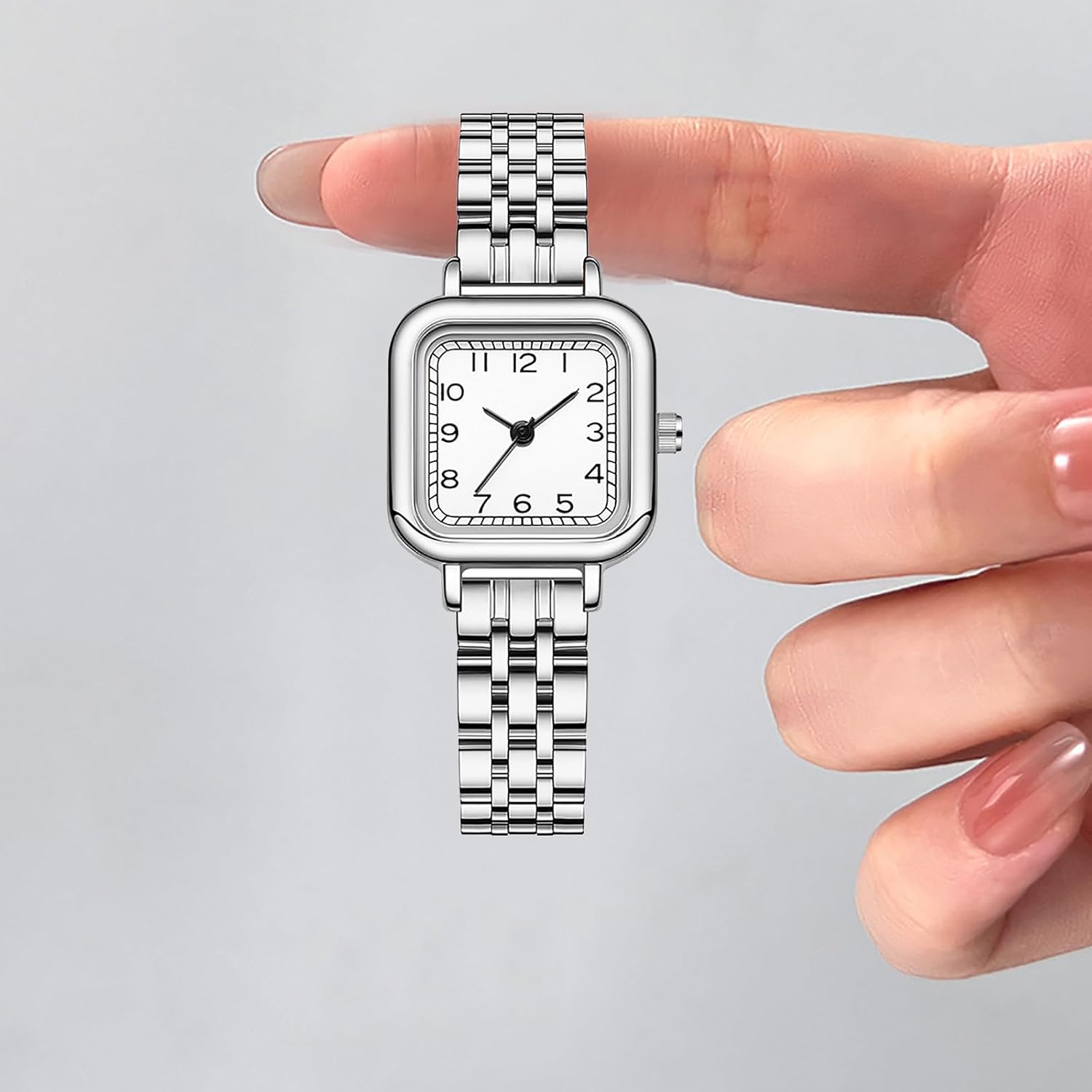 BESTKANG Small Ladies Watch Easy Reader Arabic Numerals Dial Watch with Stainless Steel Band Waterproof Square Analog Quartz Watches for Women