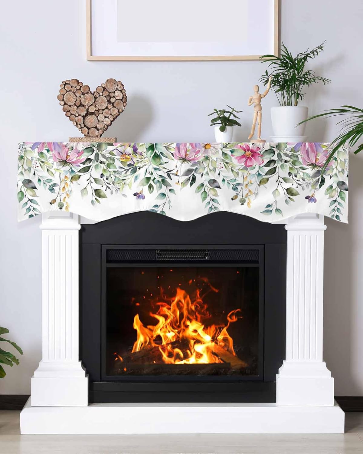 Table Runner Mantel Scarf Fireplace, Pastoral Pink Flowers and Eucalyptus Leaves Farm Fireplace Scarf, Perfect Fireplace Cover for Holiday Party Home Decor, 70" Long 70"Lx17"W White