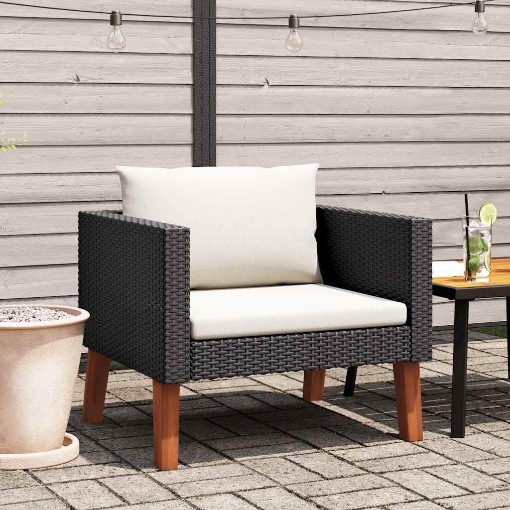 Divano da Giardino Singolo con Cuscini in Polyrattan Nero, Poltrona Relax in Rattan PE con Telaio Acciaio Verniciato a Polvere, Lounge Esterno con Seduta Profonda Imbottita, Balcone e Giardino